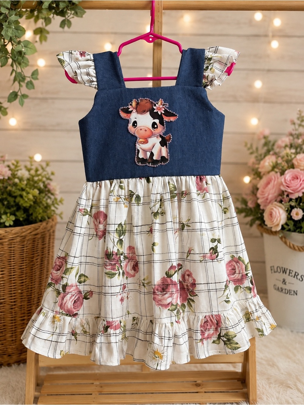 Navy & Floral Cow Appliqué Sundress for Girls